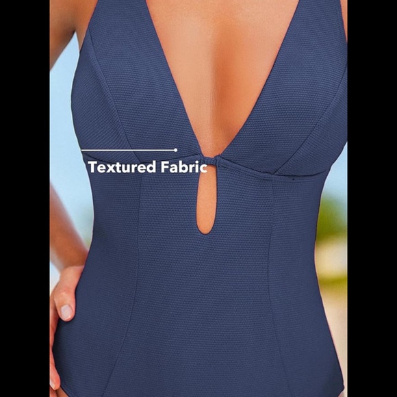 Women's Deep V Neck Keyhole Cutout O Ring Textured One Piece Bathing Suit - Picture 2 of 8